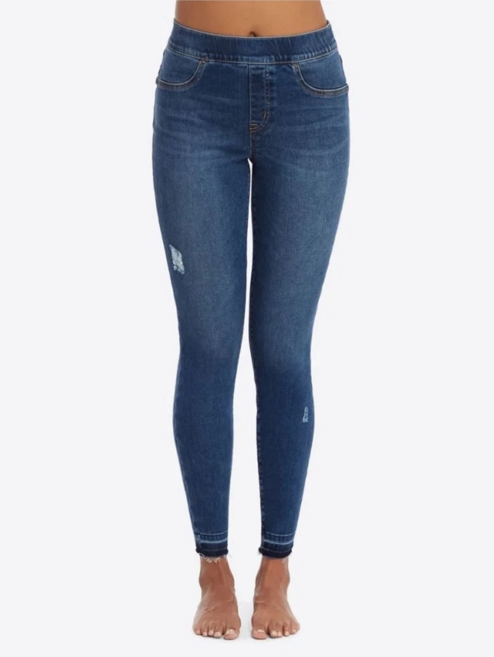 SPANX Distressed Raw Ankle Skinny Jeans Medium Wash Stretch Denim Women's Large